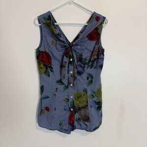 LOVE MOSCHINO BLUE COTTON FLORAL PRINT SLEEVELESS TOP BOW TIE BUTTON UP SZ 8